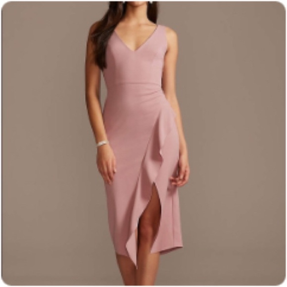 DB STUDIO v-neck stretch crepe midi dress with ruffled slit